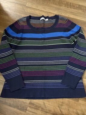 Liz Claiborne Navy Multicolor Striped Crewneck Sweater